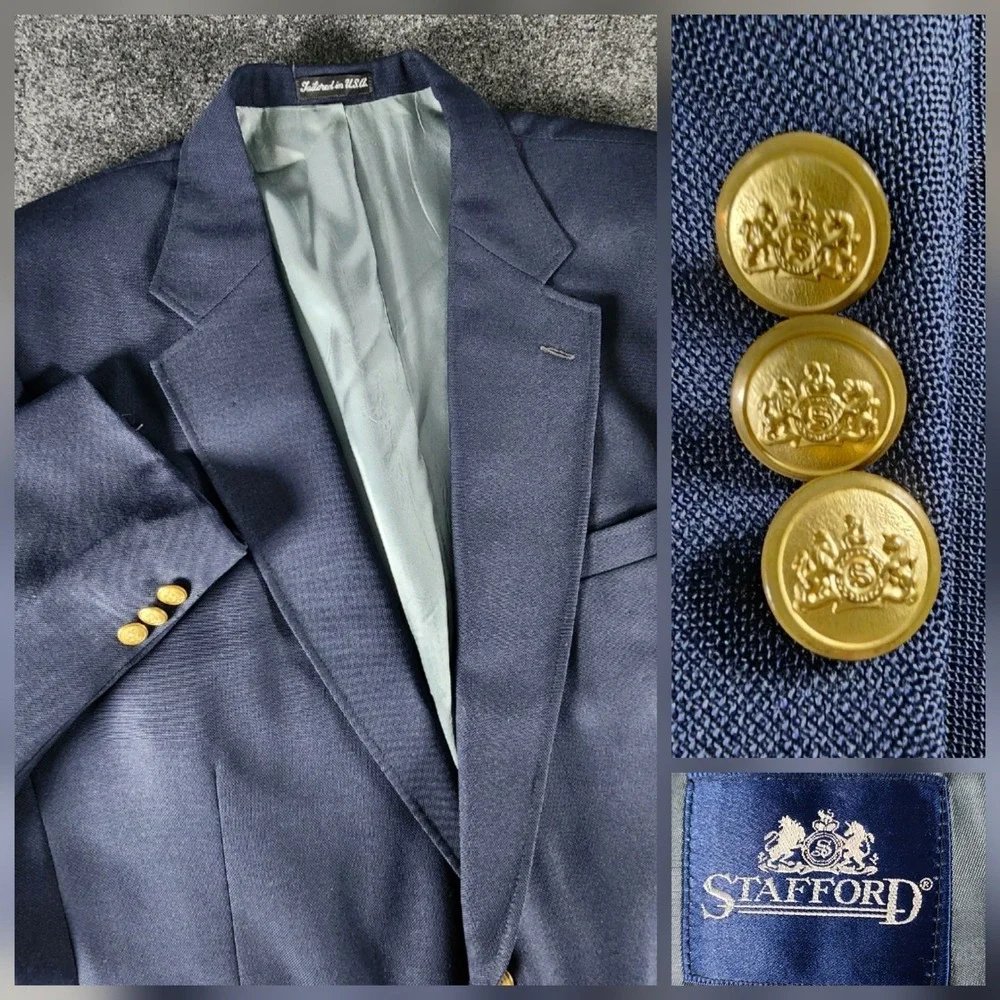VTG Stafford Mens Navy Blue Hopsack Blazer Gold Crest Buttons USA Made Size 46R
